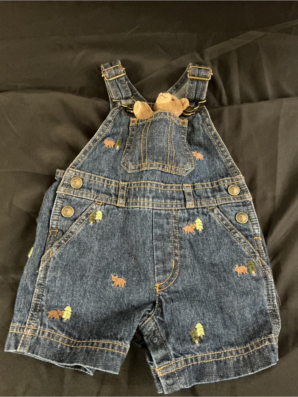 Children's Dark Blue Denim Short Overalls with Forest Embroidery